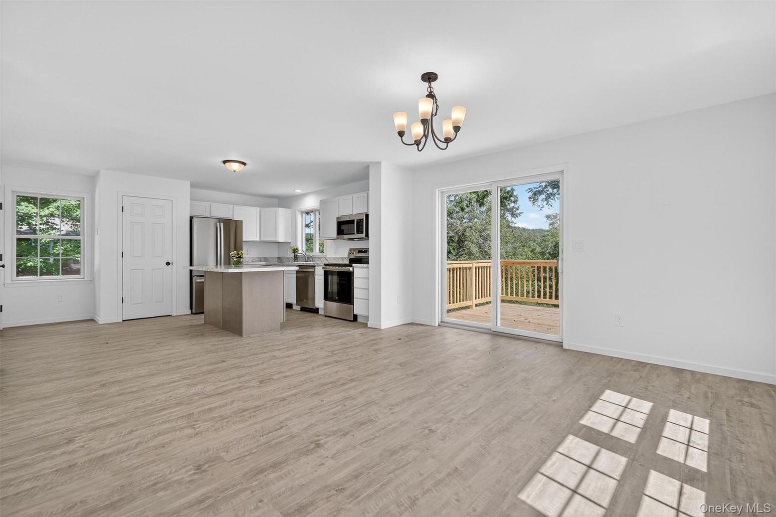 Chandelier, Empty room, Interior, Kitchen, Stainless Steel Appliances, Wood Texture Flooring