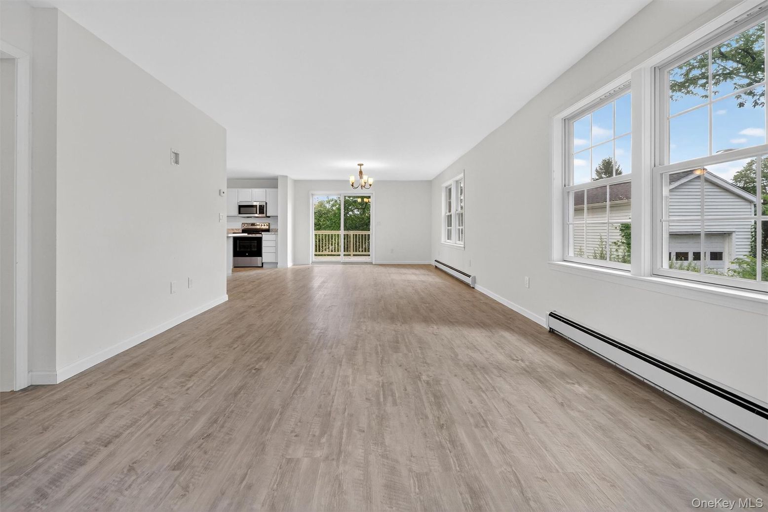 Chandelier, Empty room, Interior, Kitchen, Wood Texture Flooring