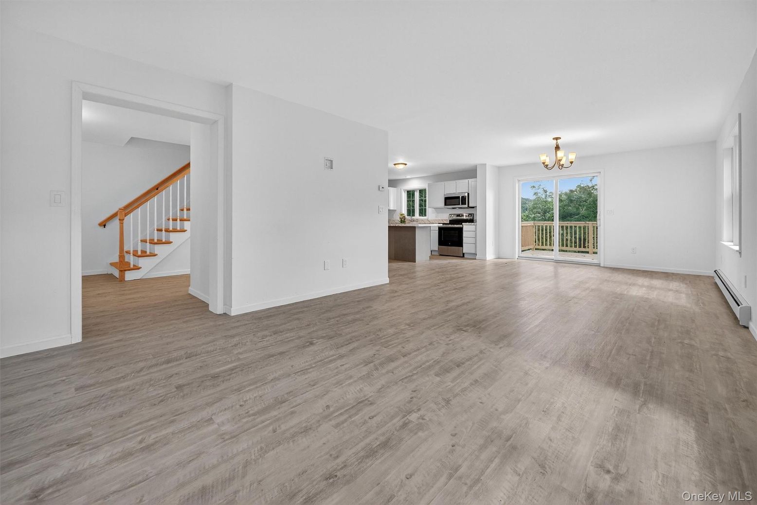Chandelier, Empty room, Interior, Kitchen, Stainless Steel Appliances, Wood Texture Flooring