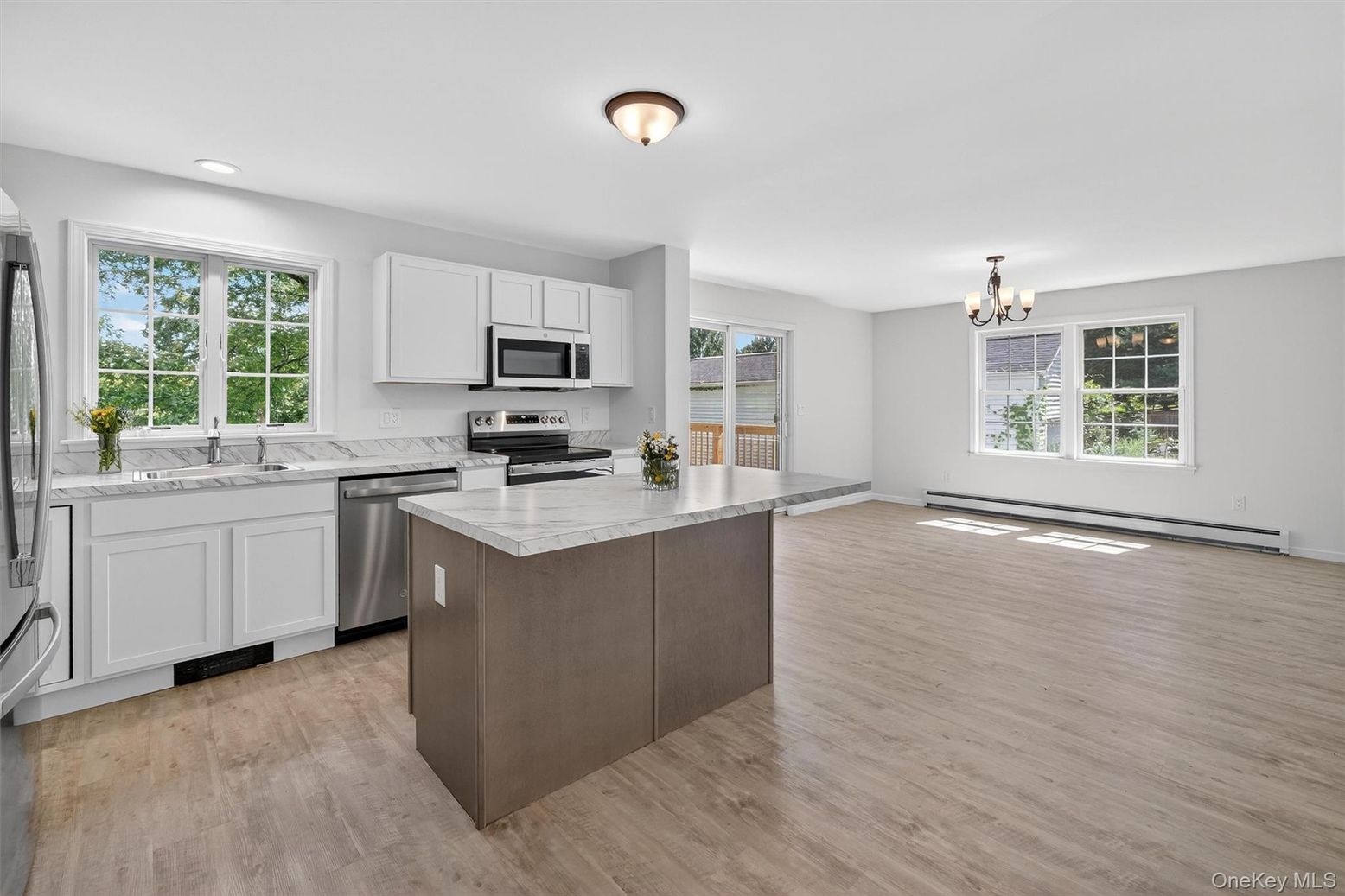 Chandelier, Interior, Kitchen, Recessed Lighting, Stainless Steel Appliances, Wood Texture Flooring