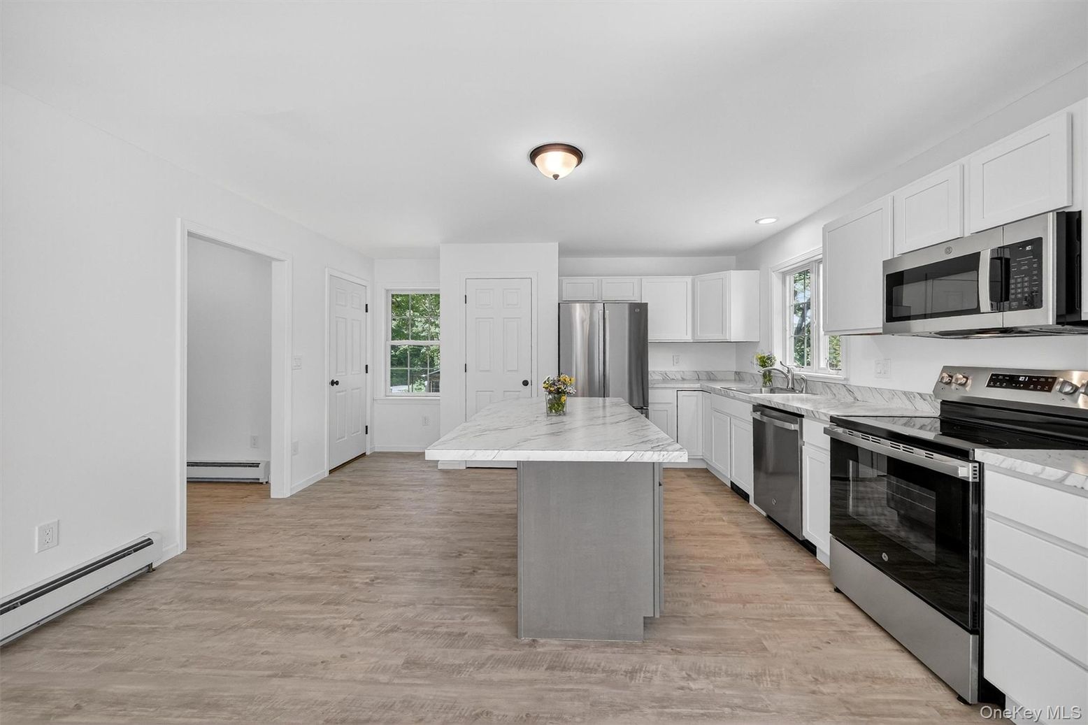 Interior, Kitchen, Recessed Lighting, Stainless Steel Appliances, Wood Texture Flooring