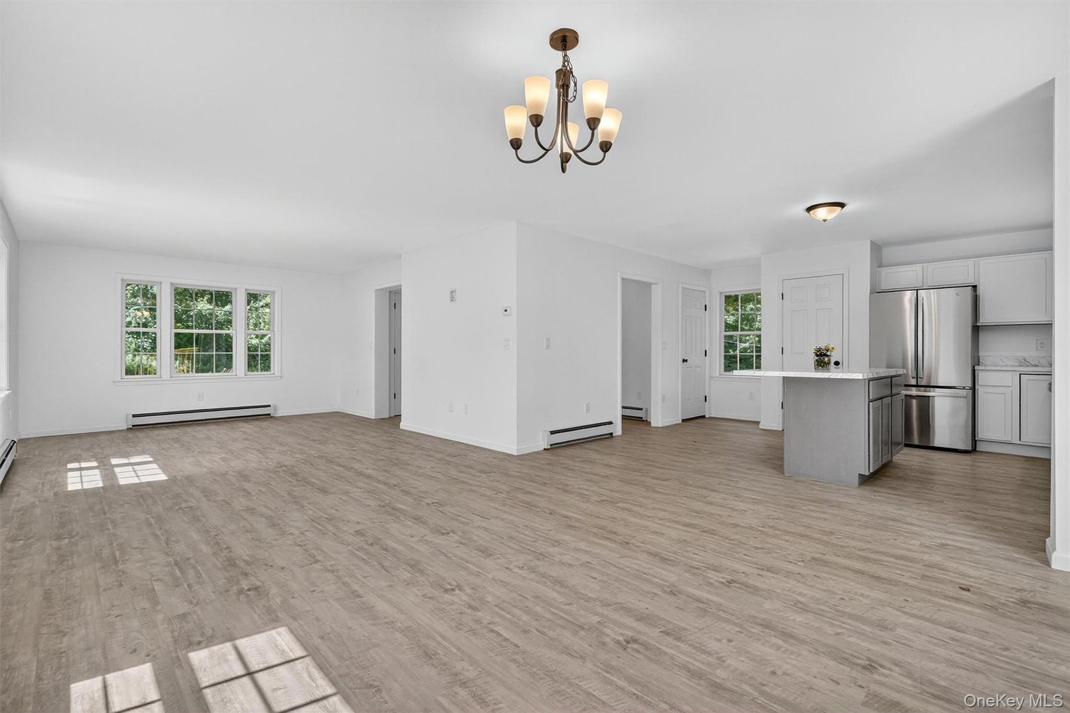 Chandelier, Empty room, Interior, Kitchen, Stainless Steel Appliances, Wood Texture Flooring