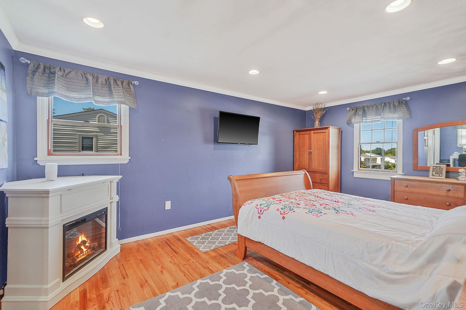 Bedroom, Fireplace, Interior, Recessed Lighting, Wood Texture Flooring
