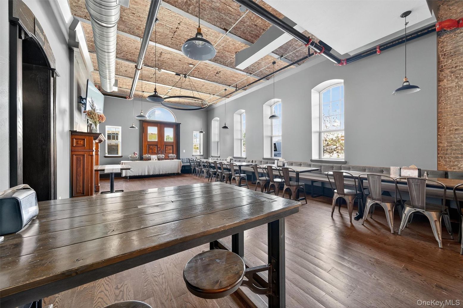 Dining room, Interior, Pendant Lights, Wooden Ceilings, Wood Texture Flooring