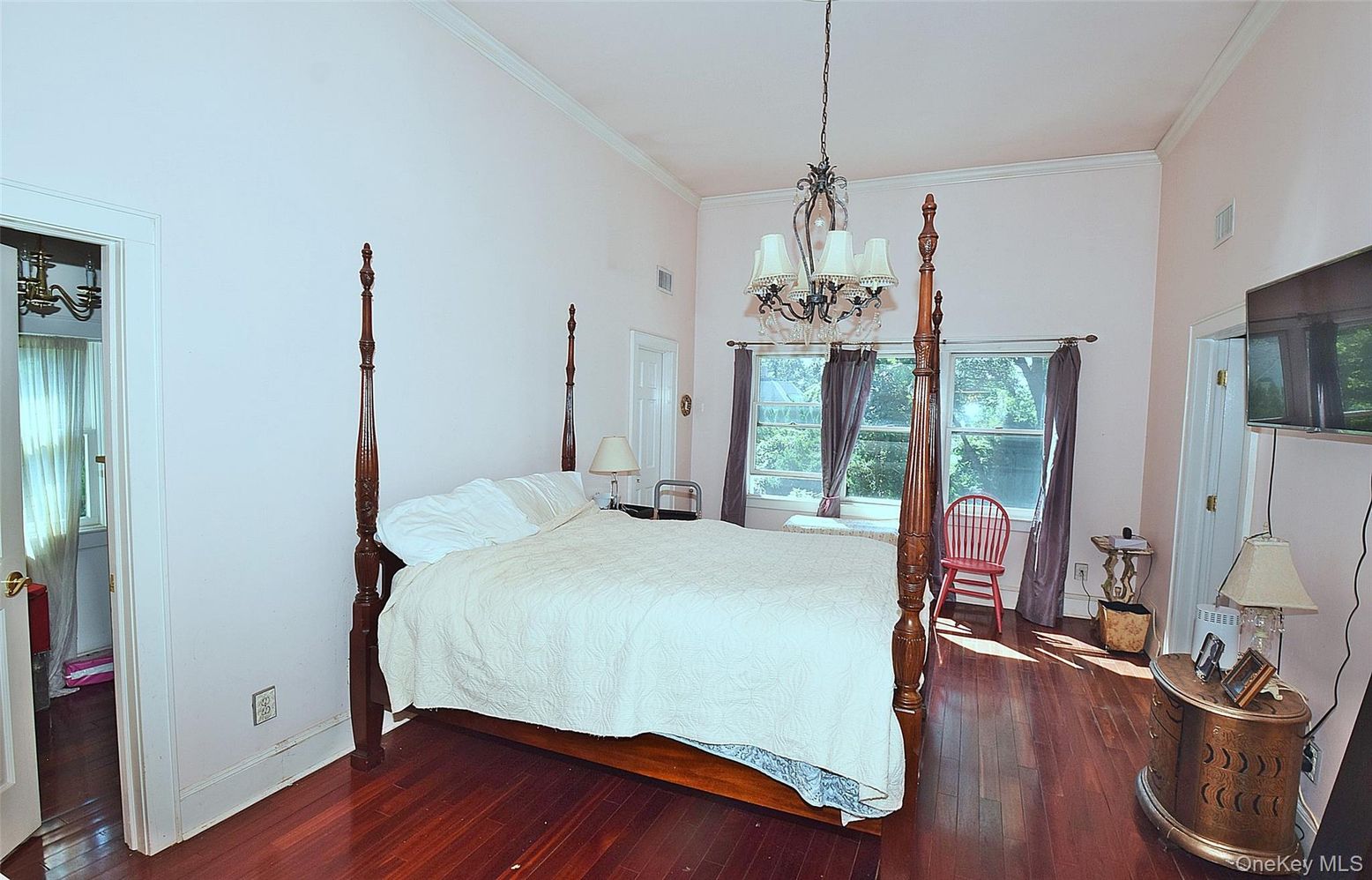 Bedroom, Chandelier, Interior, Water, Wood Texture Flooring