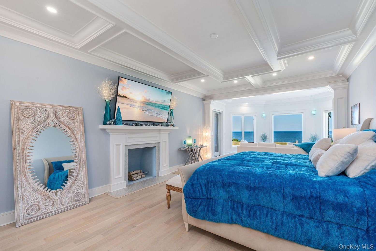 Bedroom, Fireplace, Interior, Recessed Lighting, Water, Wood Texture Flooring