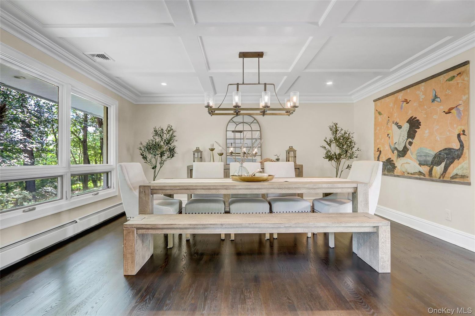 Chandelier, Dining room, Interior, Recessed Lighting, Wood Texture Flooring