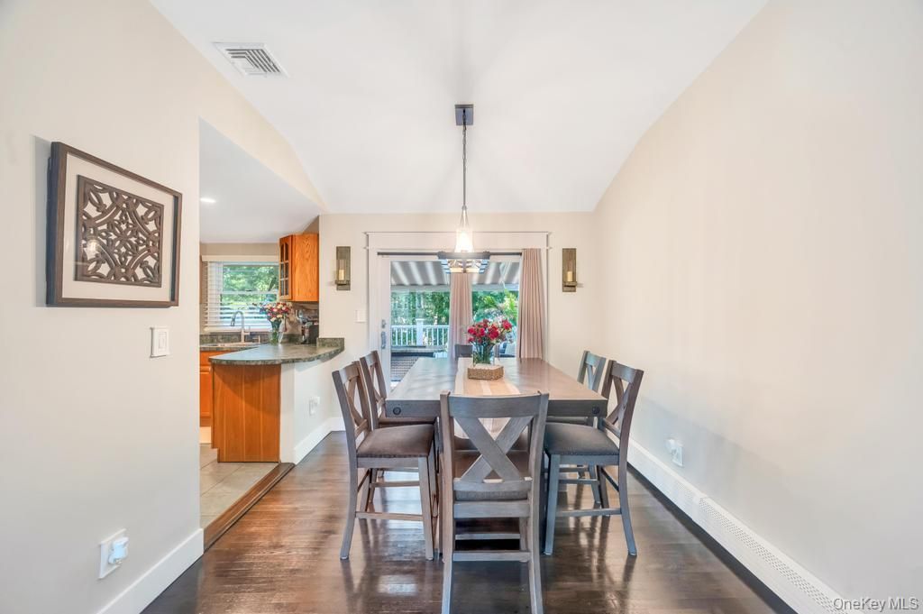 Dining room, Interior, Pendant Lights, Recessed Lighting, Wood Texture Flooring