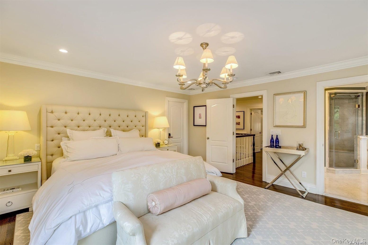 Bedroom, Chandelier, Interior, Recessed Lighting, Wood Texture Flooring
