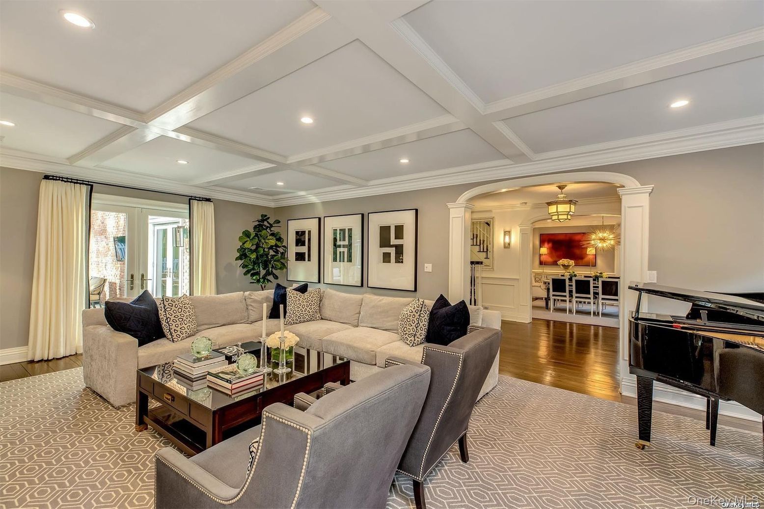 Dining room, Interior, Living room, Piano, Recessed Lighting, Wood Texture Flooring