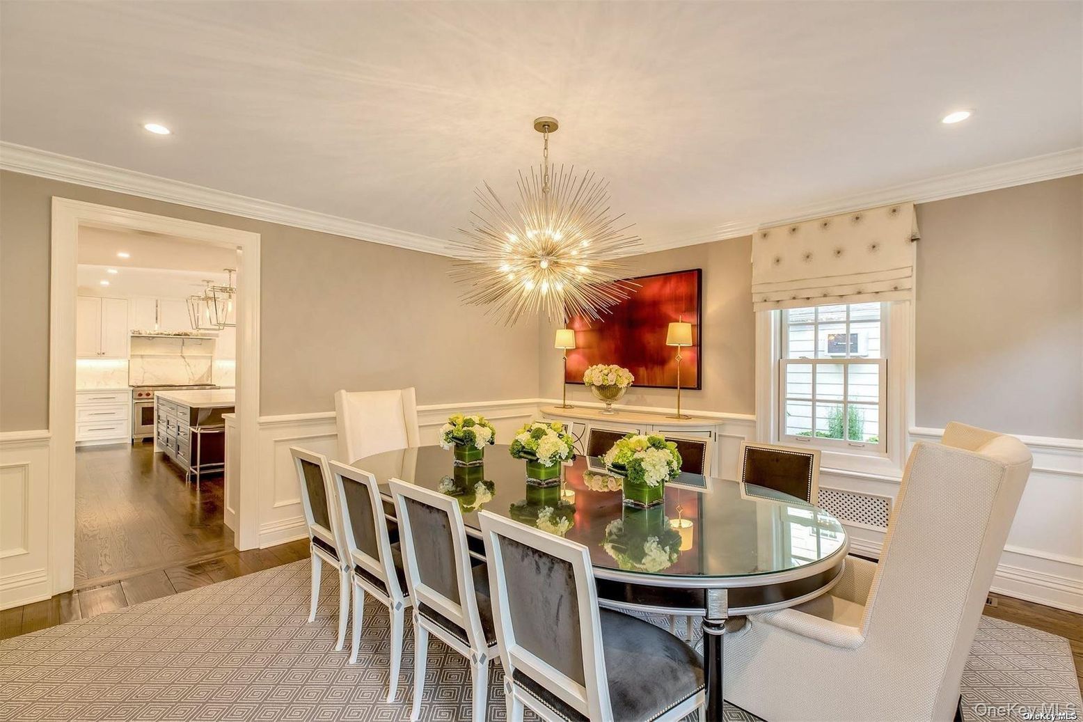 Dining room, Interior, Kitchen, Pendant Lights, Recessed Lighting, Wood Texture Flooring