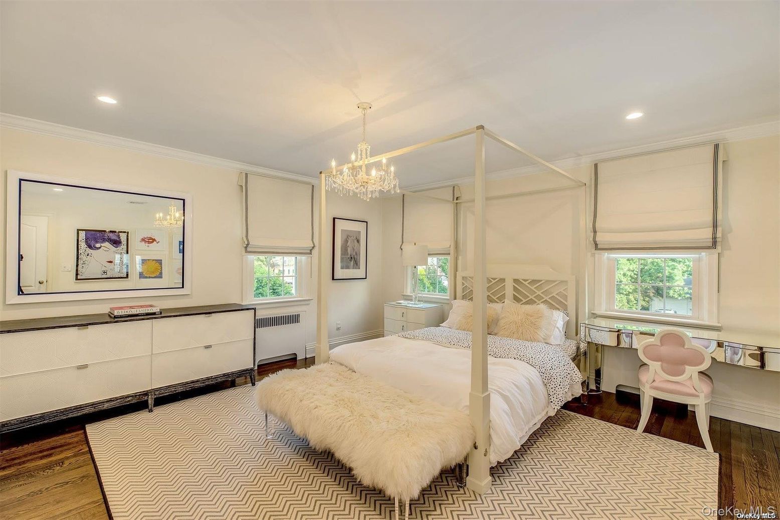 Bedroom, Chandelier, Interior, Recessed Lighting, Wood Texture Flooring