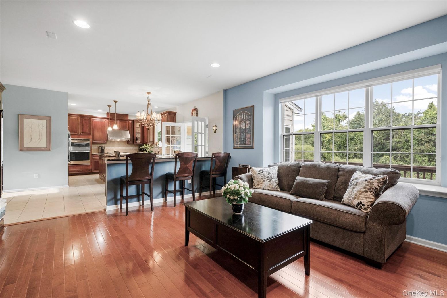 Chandelier, Interior, Kitchen, Living room, Recessed Lighting, Stainless Steel Appliances, Wood Texture Flooring