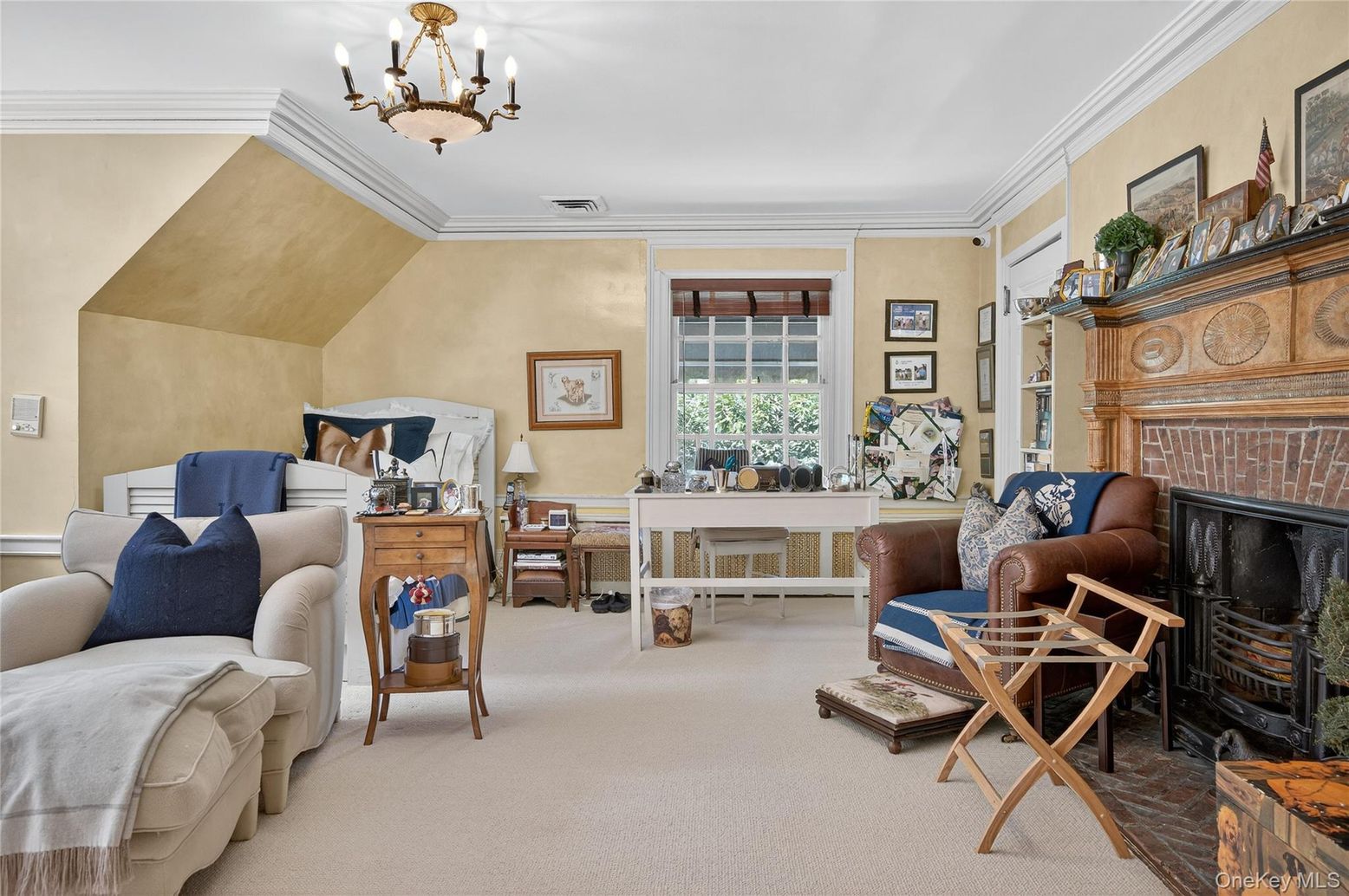Chandelier, Fireplace, Home Office, Interior