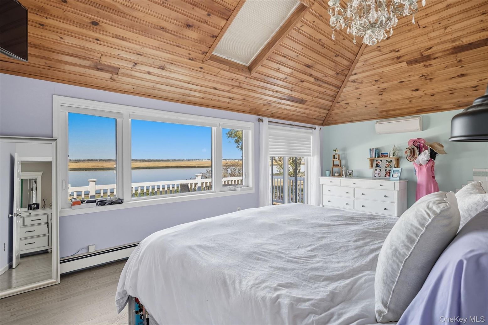 Bedroom, Chandelier, Interior, Water, Wooden Ceilings, Wood Texture Flooring