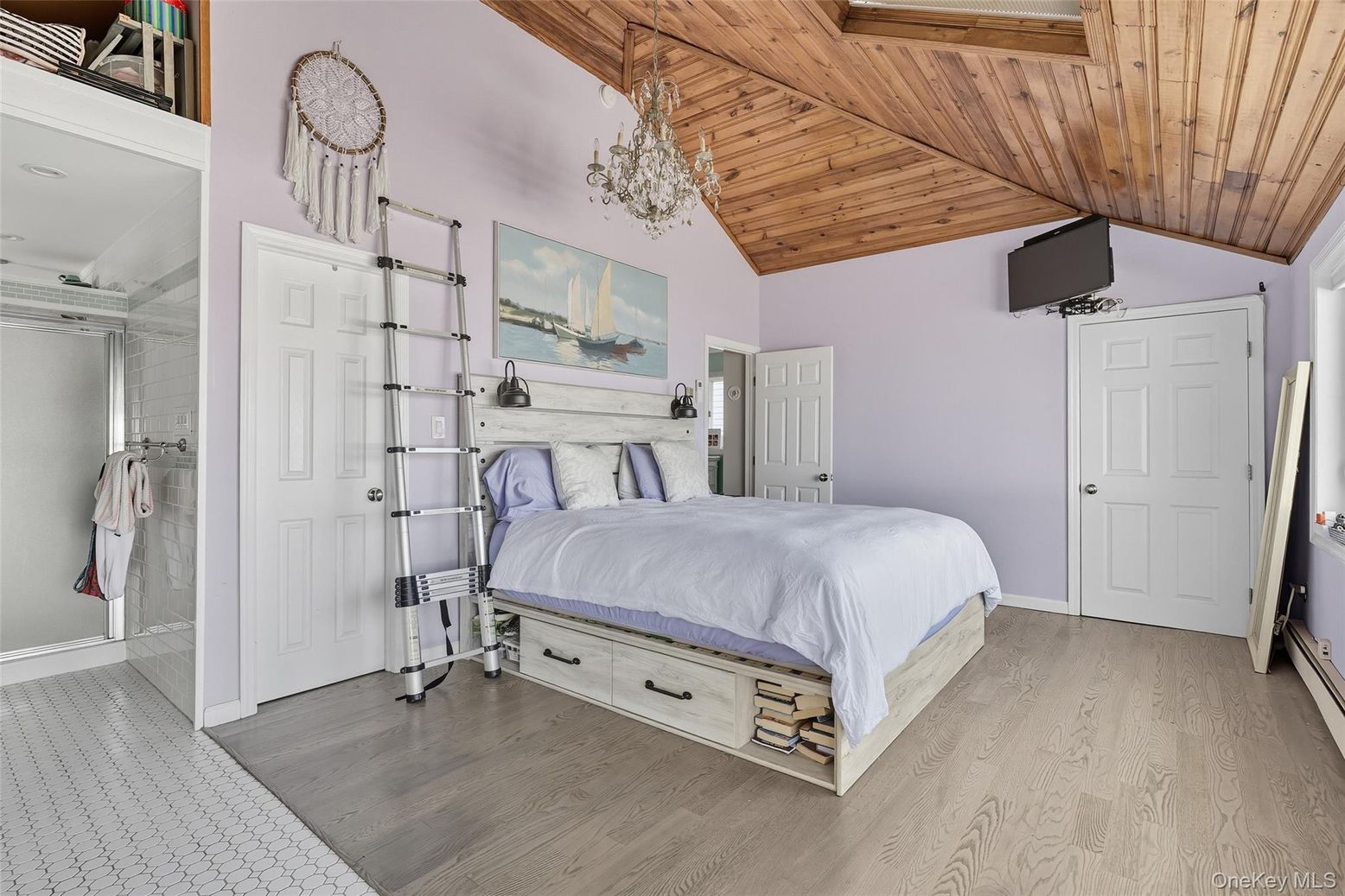 Bedroom, Chandelier, Interior, Wooden Ceilings, Wood Texture Flooring