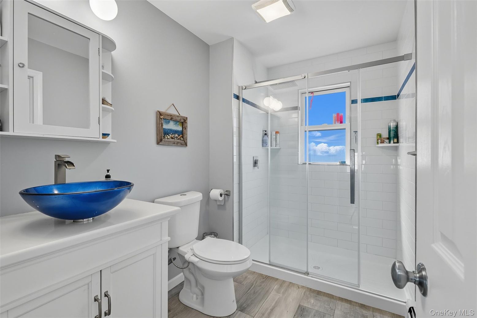 Bathroom, Glass Shower, Interior, Wood Texture Flooring
