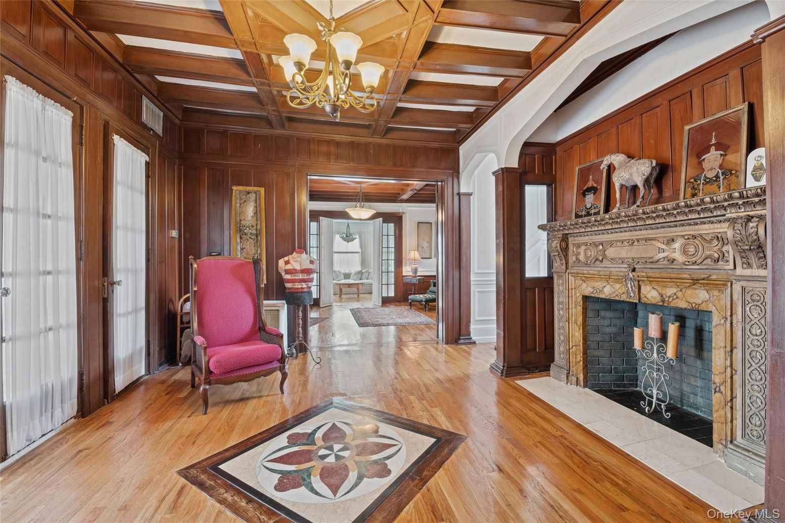 Chandelier, Fireplace, Interior, Wooden Beams, Wooden Ceilings, Wood Texture Flooring, Wooden Walls