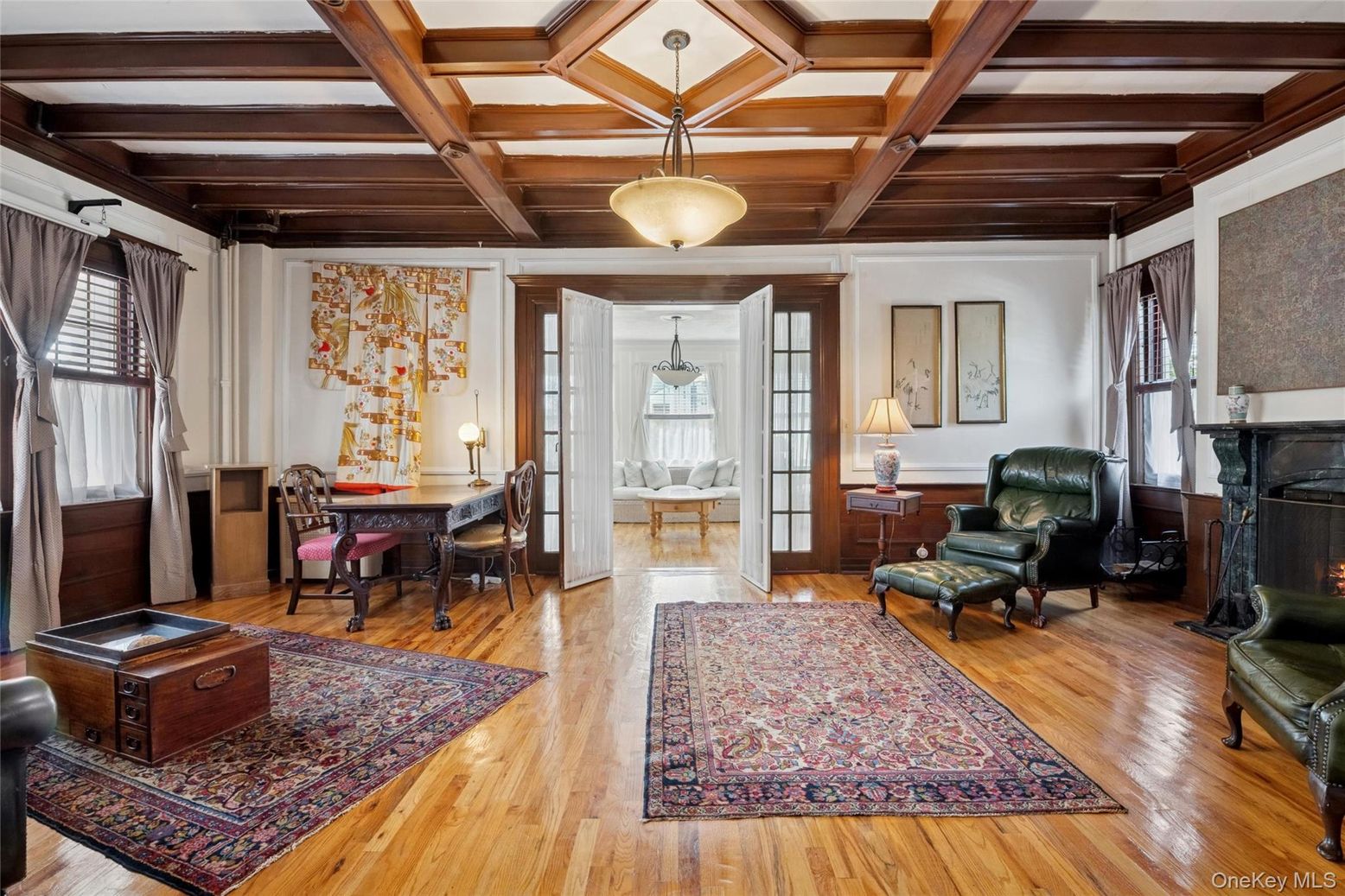 Fireplace, Home Office, Interior, Pendant Lights, Wooden Beams, Wooden Ceilings, Wood Texture Flooring