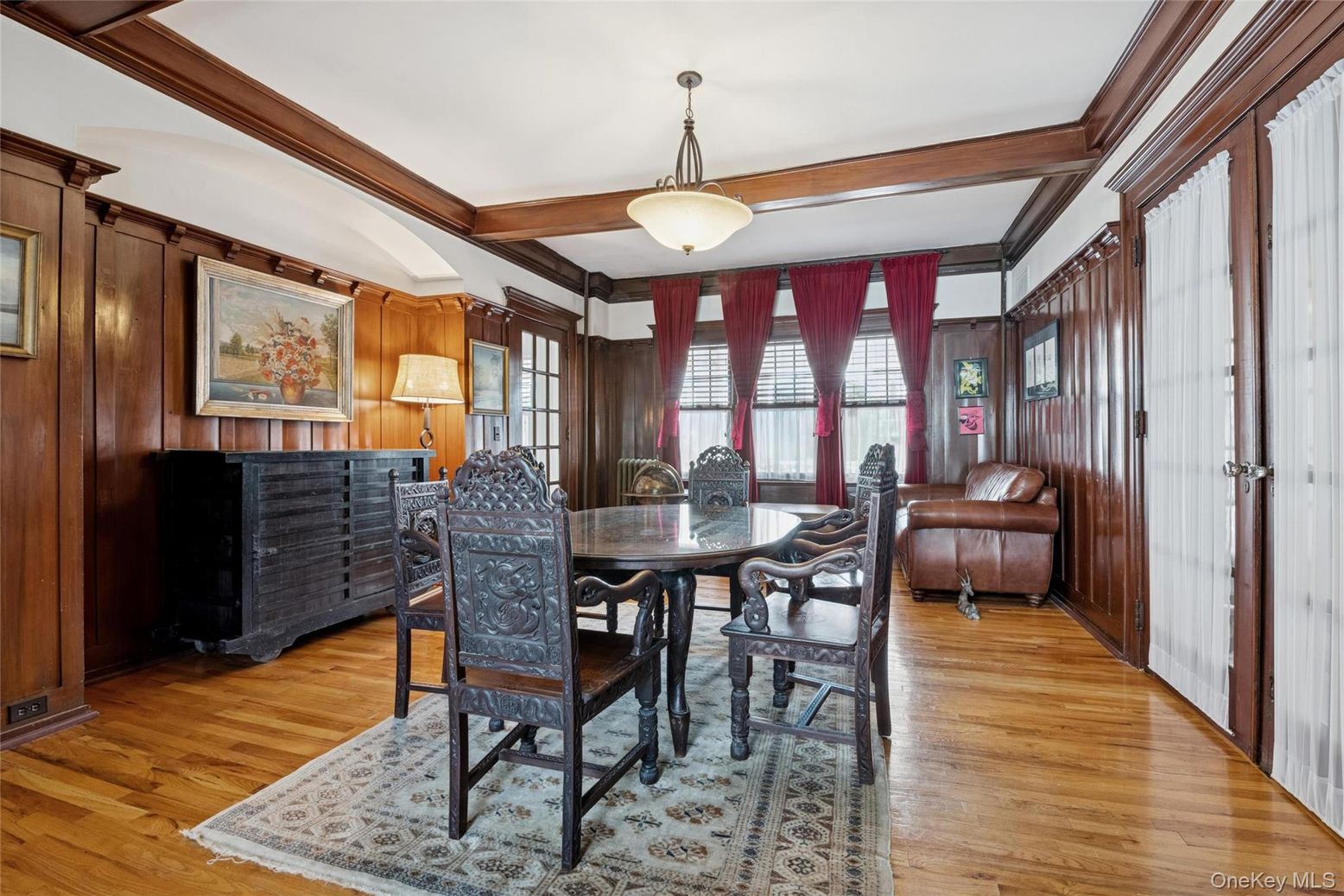 Dining room, Interior, Pendant Lights, Wooden Beams, Wood Texture Flooring, Wooden Walls