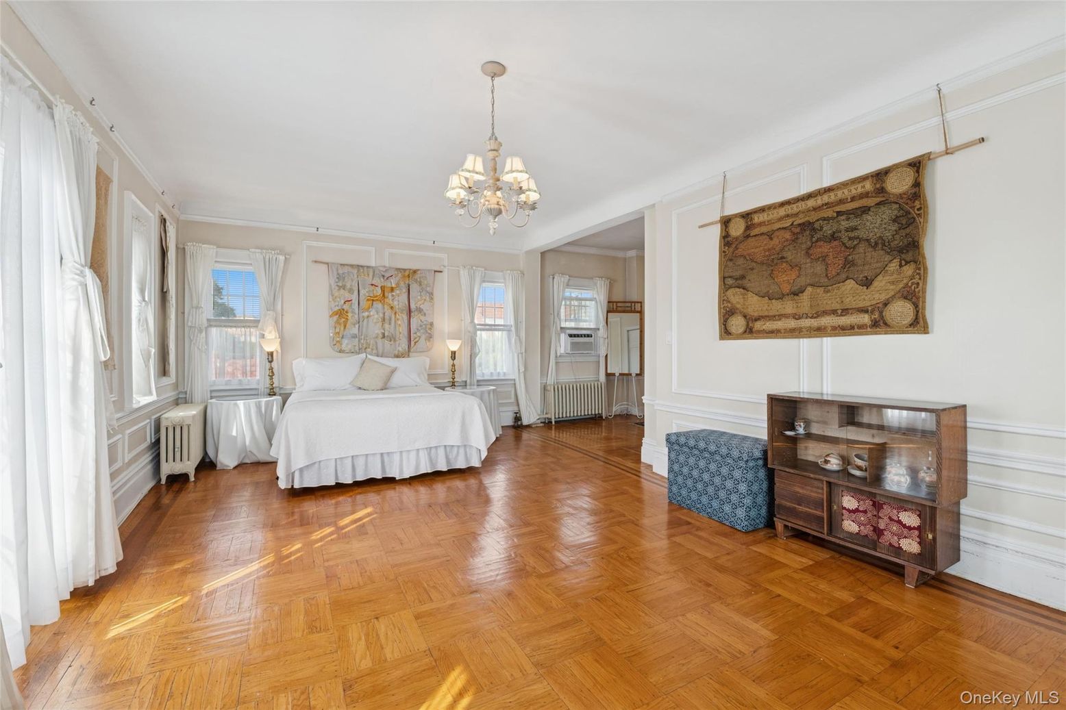 Bedroom, Chandelier, Interior, Wood Texture Flooring
