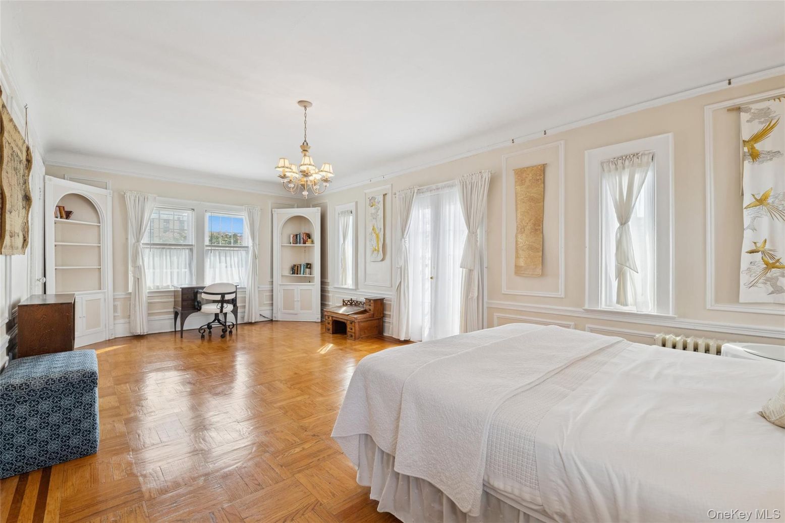 Bedroom, Chandelier, Interior, Wood Texture Flooring