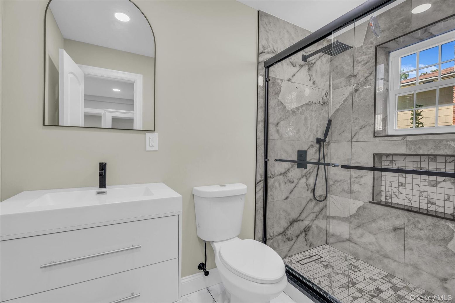 Bathroom, Glass Shower, Interior, Marble Walls, Recessed Lighting