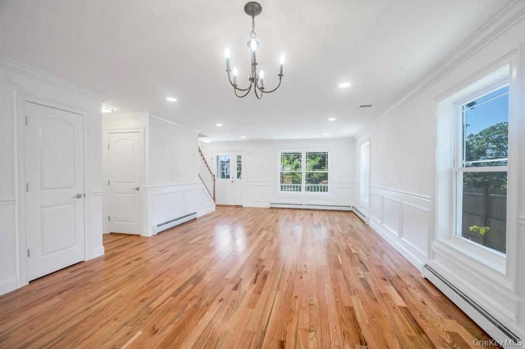 Chandelier, Empty room, Interior, Recessed Lighting, Wood Texture Flooring
