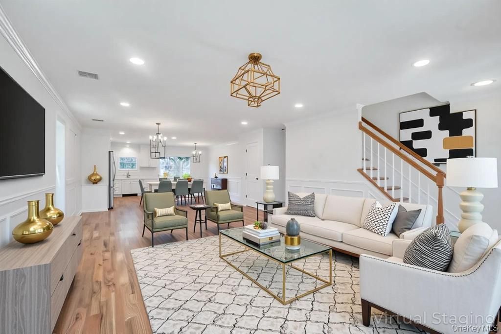 Chandelier, Dining room, Interior, Kitchen, Living room, Pendant Lights, Recessed Lighting, Wood Texture Flooring