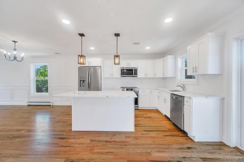 Interior, Kitchen, Pendant Lights, Recessed Lighting, Stainless Steel Appliances, Wood Texture Flooring