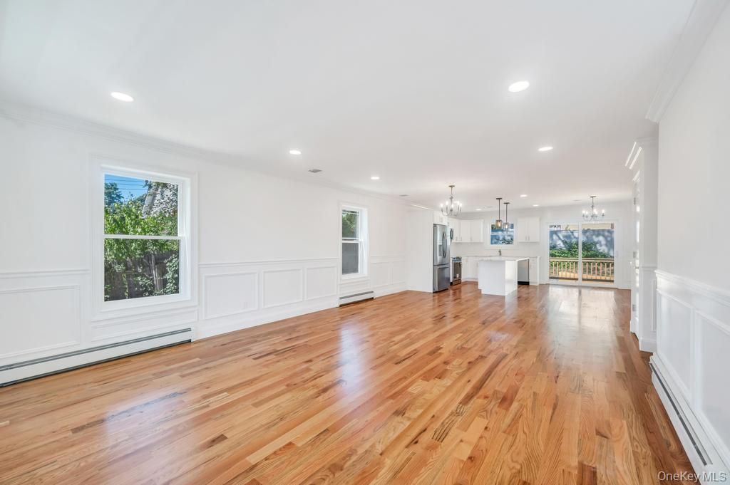 Chandelier, Empty room, Interior, Kitchen, Pendant Lights, Recessed Lighting, Wood Texture Flooring