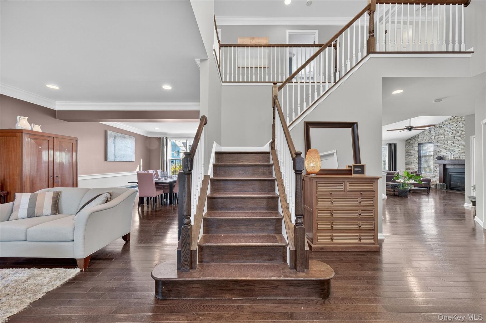 Dining room, Fireplace, Interior, Recessed Lighting, Stone Walls, Wood Texture Flooring