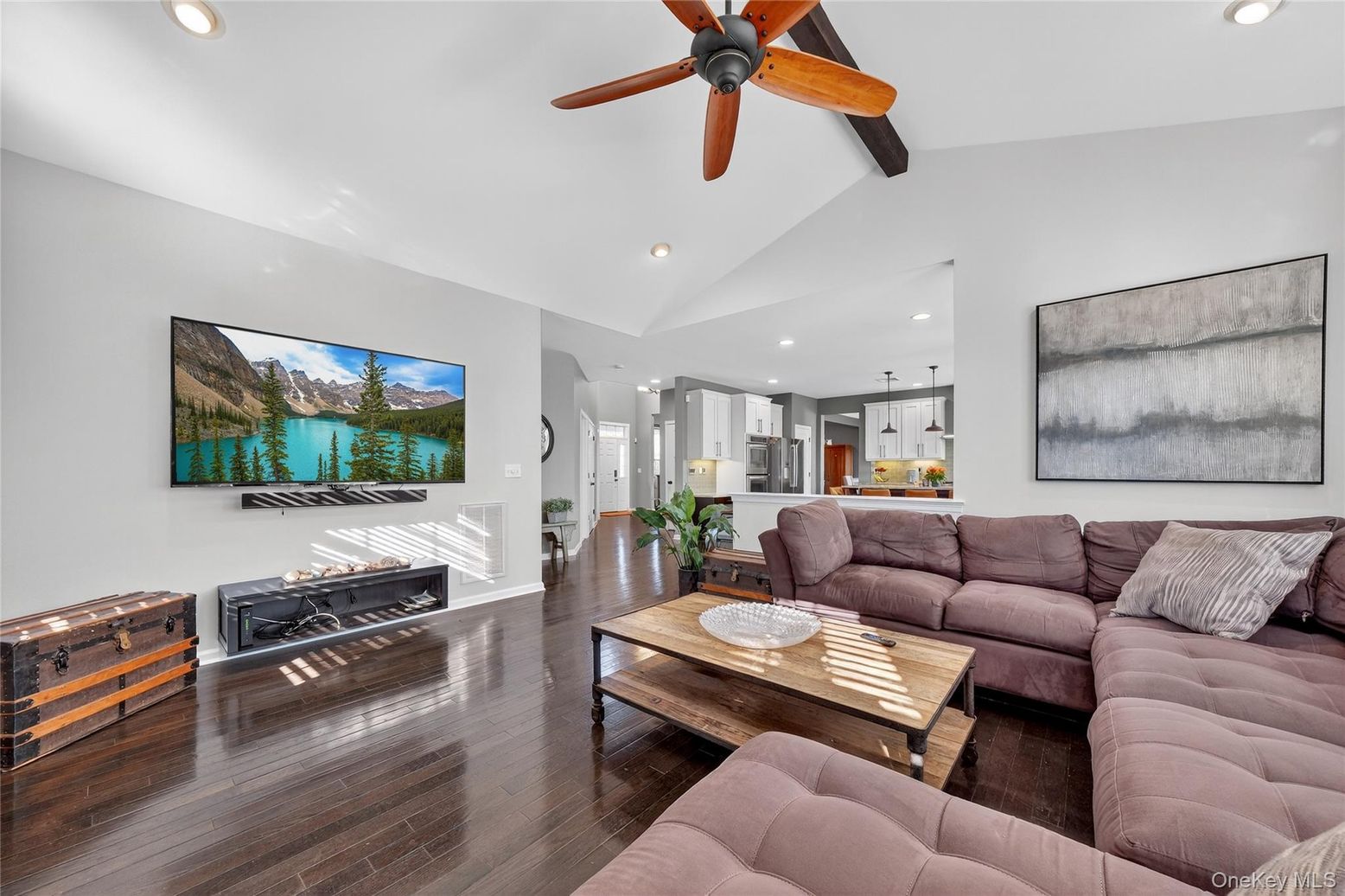 Fireplace, Interior, Kitchen, Living room, Pendant Lights, Recessed Lighting, Wood Texture Flooring