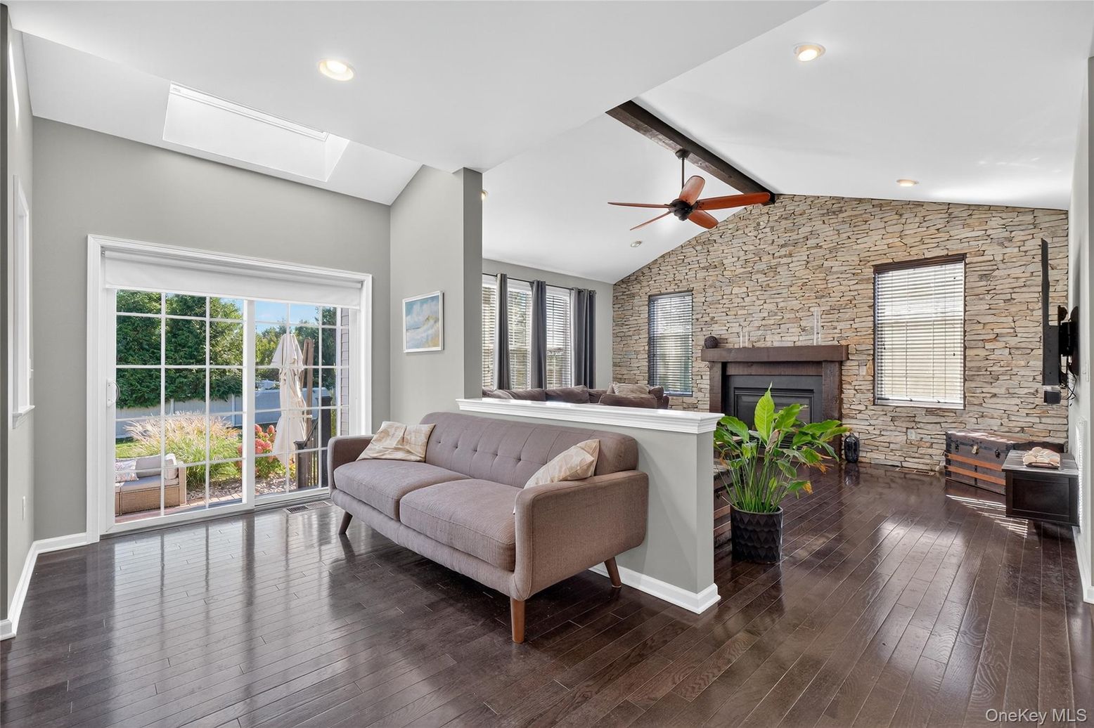 Fireplace, Interior, Recessed Lighting, Stone Walls, Wood Texture Flooring
