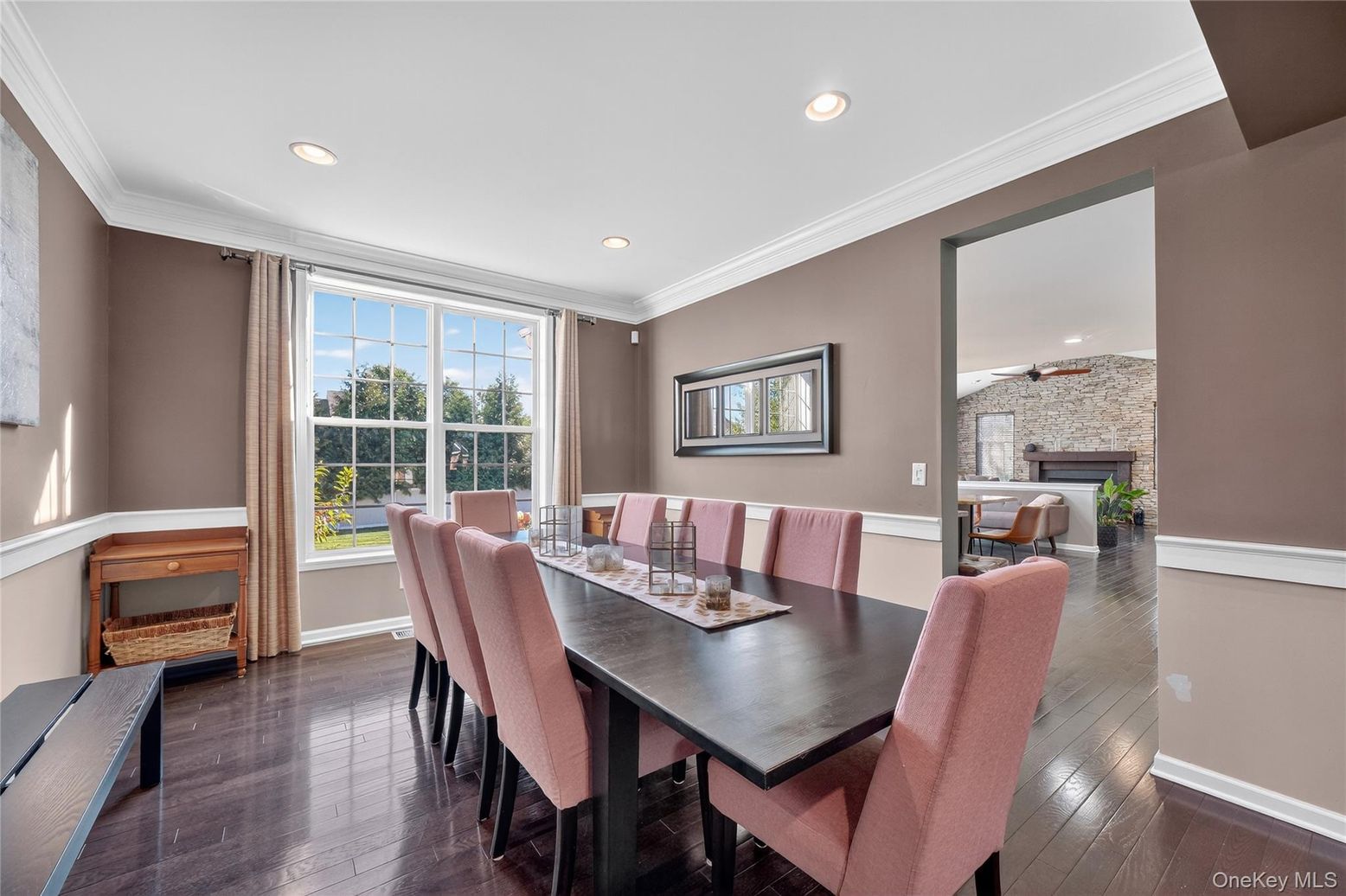 Dining room, Fireplace, Interior, Recessed Lighting, Stone Walls, Wood Texture Flooring
