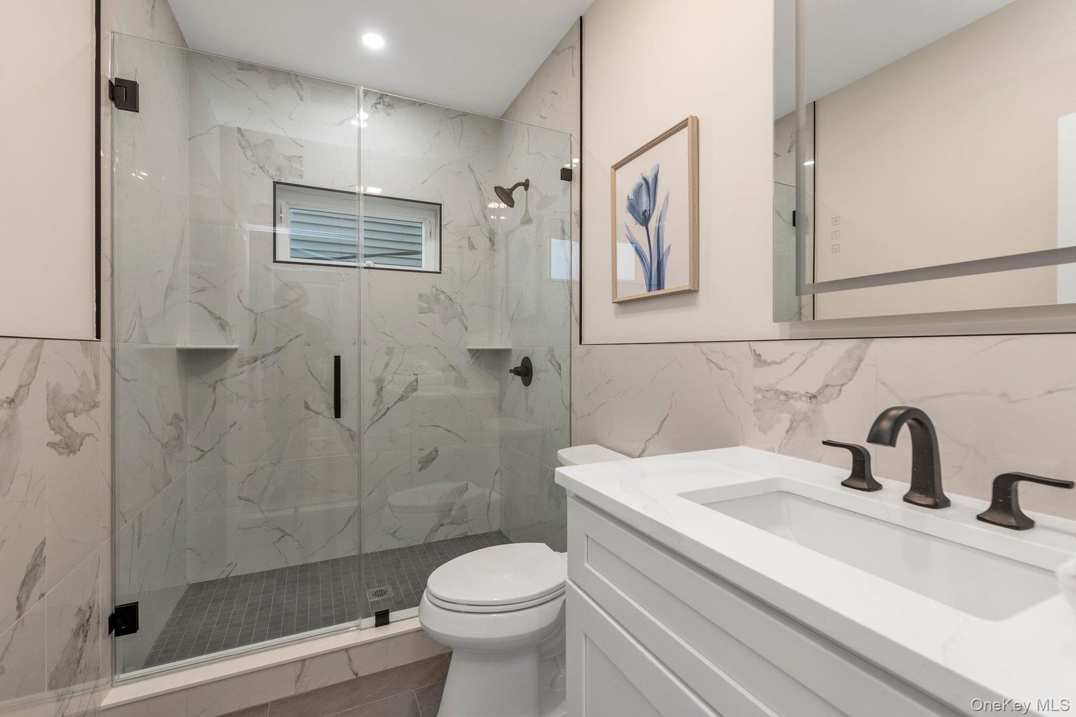 Bathroom, Glass Shower, Interior, Marble Walls, Recessed Lighting