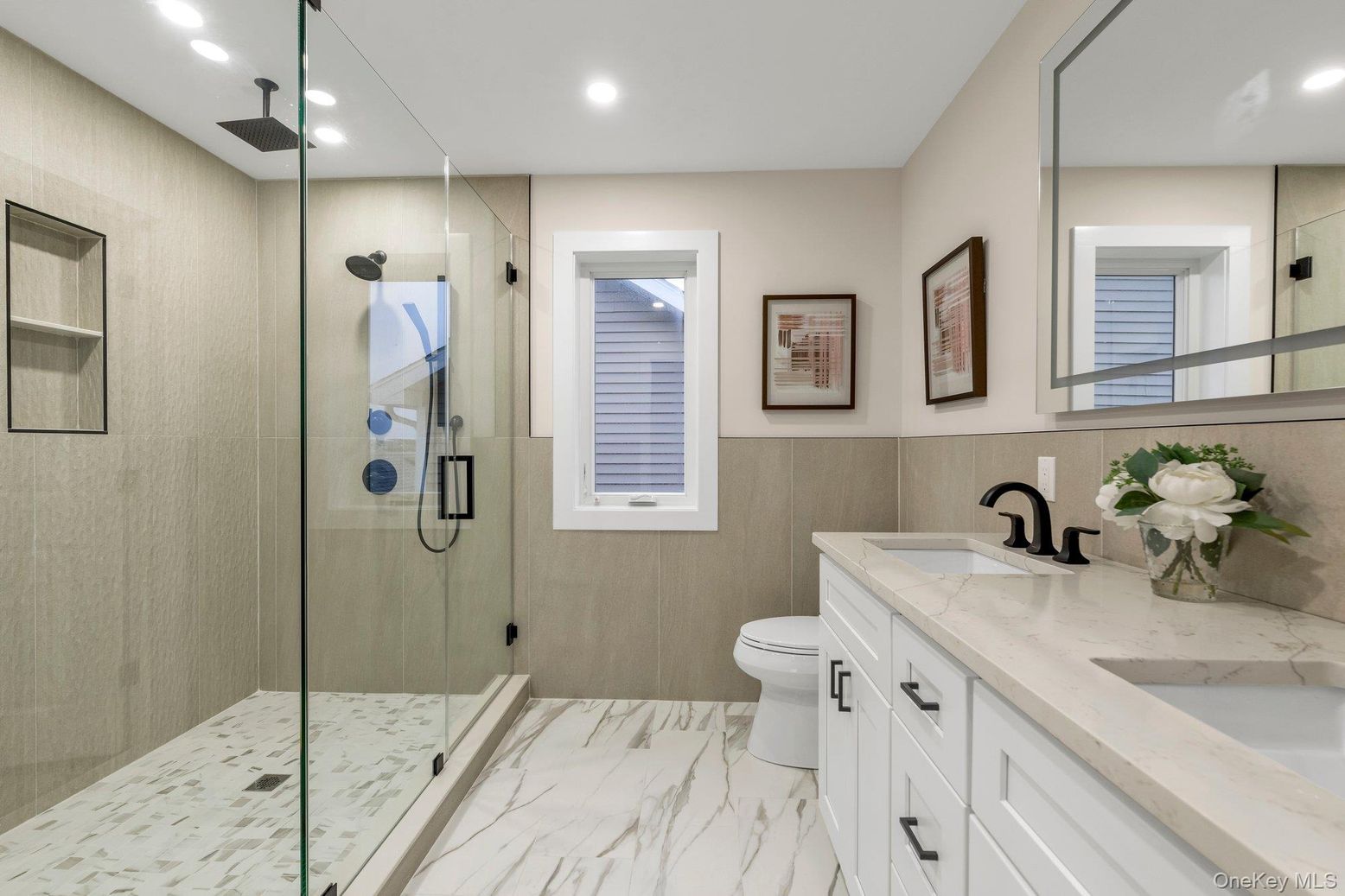 Bathroom, Dual Sink Vanities, Glass Shower, Interior, Marble, Recessed Lighting