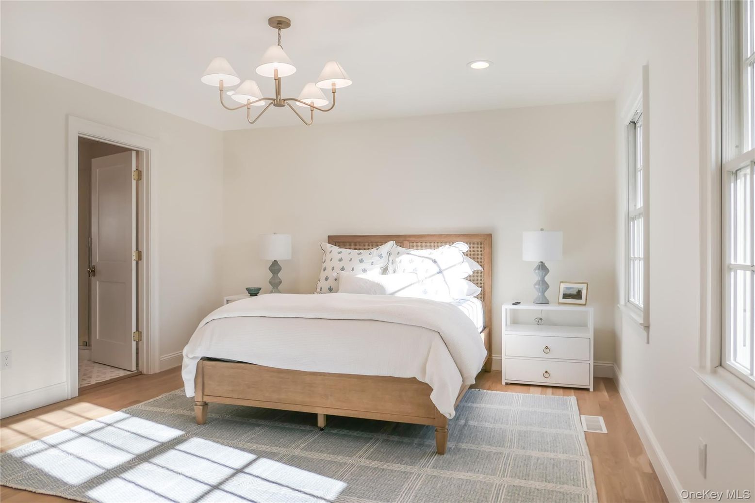 Bedroom, Chandelier, Interior, Recessed Lighting, Wood Texture Flooring