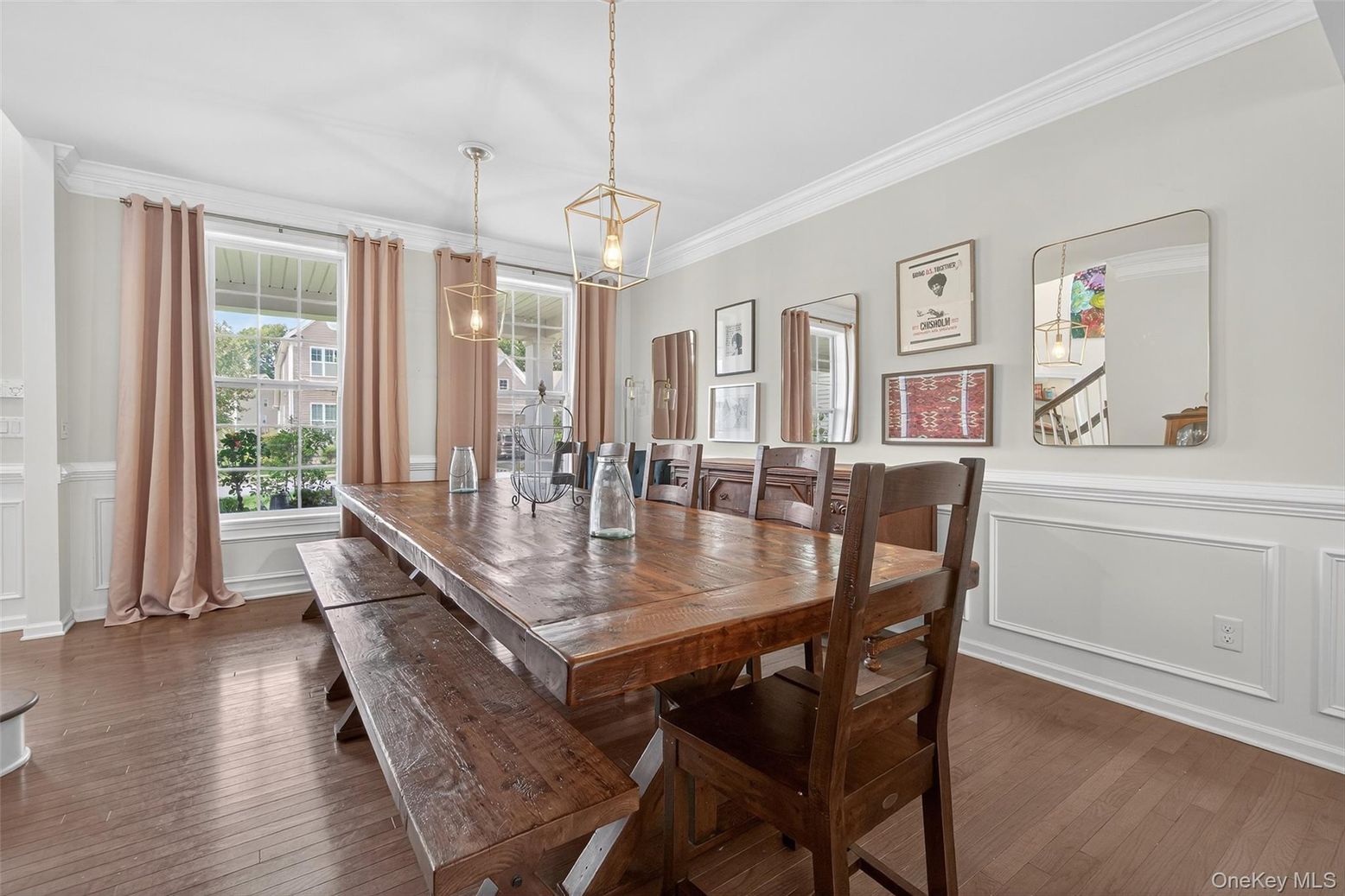 Dining room, Interior, Pendant Lights, Wood Texture Flooring
