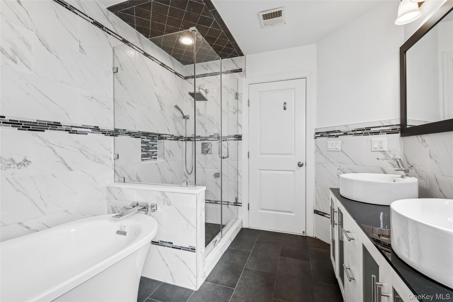Bathroom, Dual Sink Vanities, Free Standing Baths, Glass Shower, Interior, Marble Walls