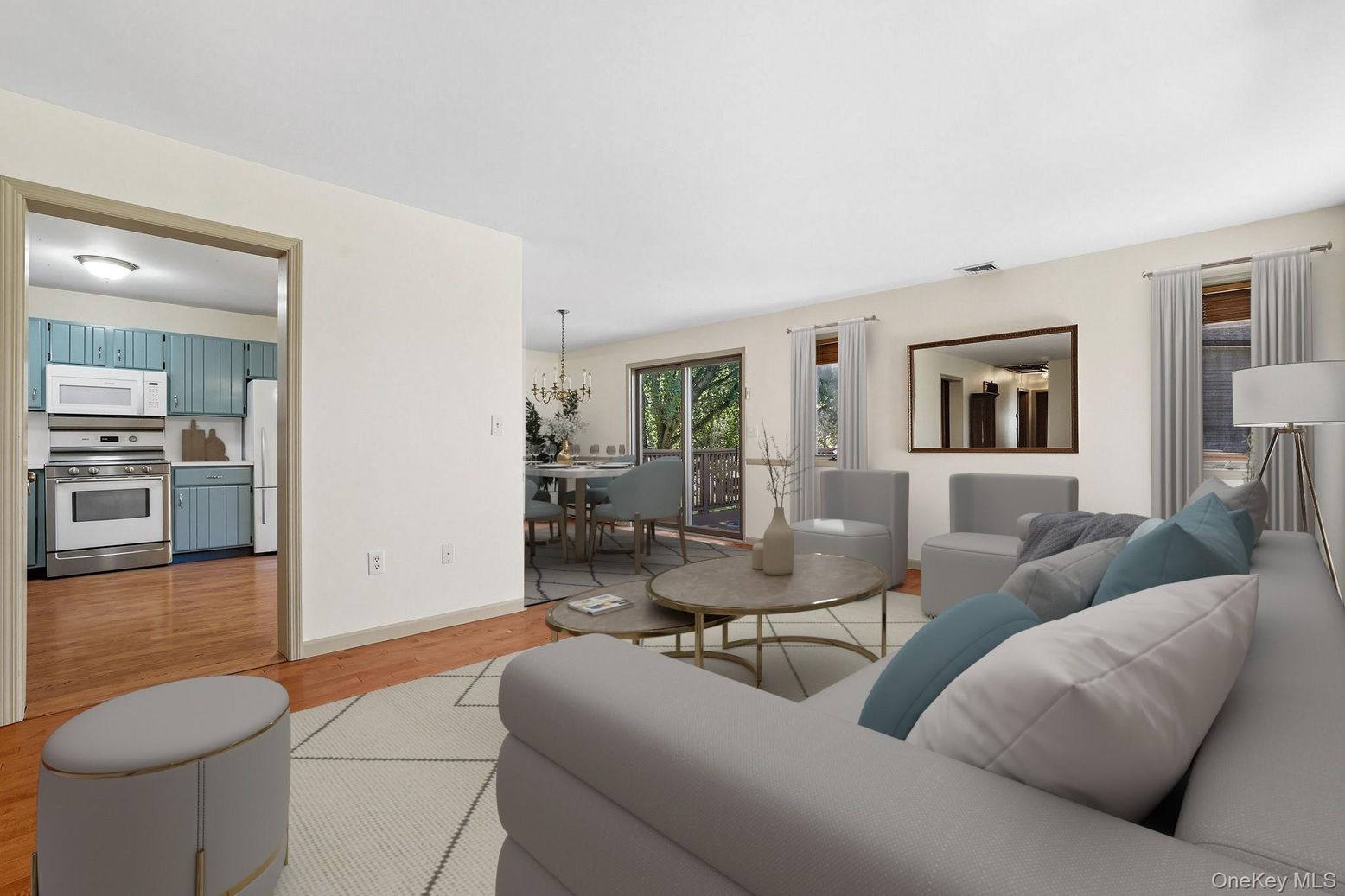 Chandelier, Dining room, Interior, Kitchen, Living room, Stainless Steel Appliances, Wood Texture Flooring