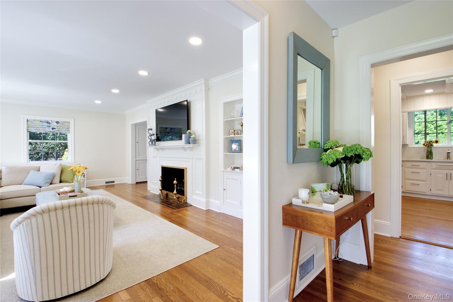 Fireplace, Interior, Living room, Recessed Lighting, Wood Texture Flooring