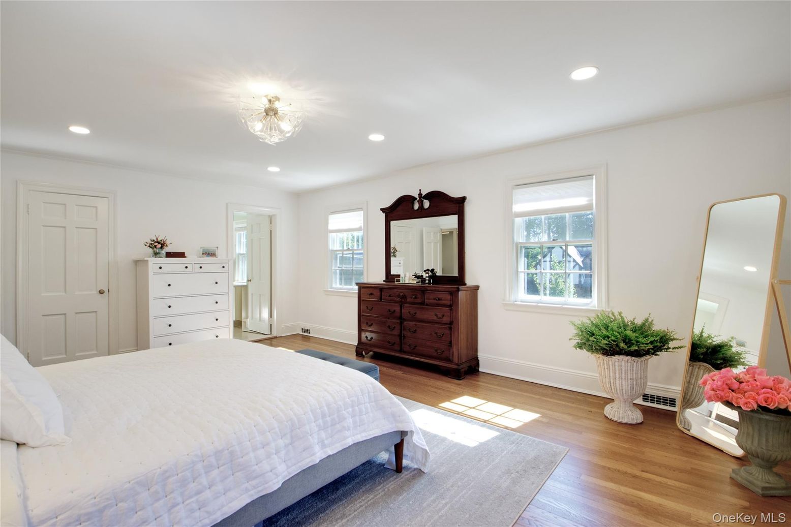 Bedroom, Chandelier, Interior, Recessed Lighting, Wood Texture Flooring