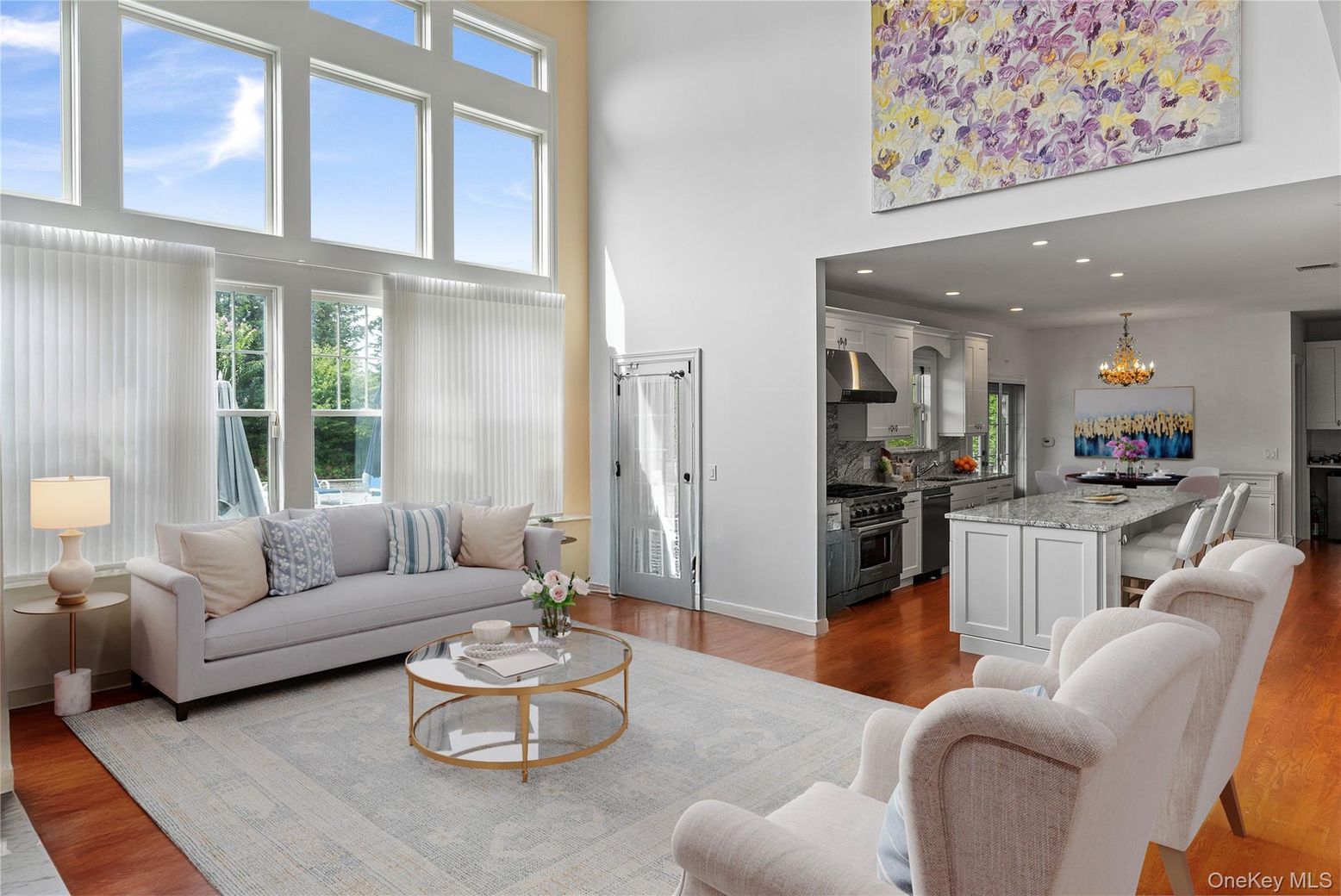Chandelier, Dining room, Interior, Kitchen, Living room, Recessed Lighting, Stainless Steel Appliances, Wood Texture Flooring