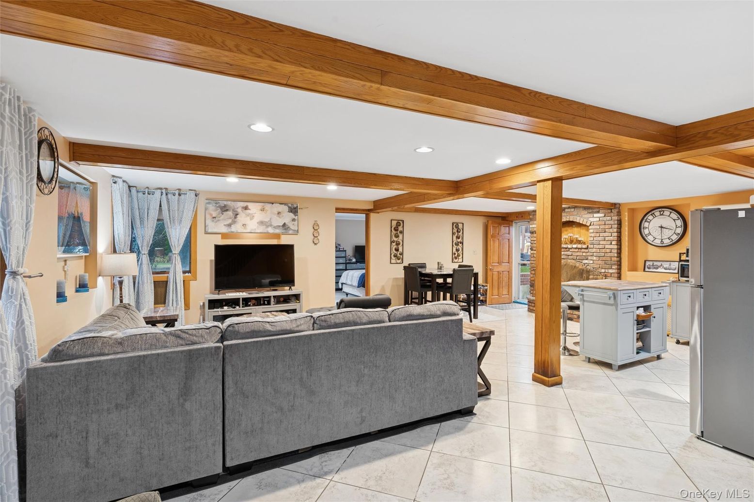 Dining room, Interior, Living room, Recessed Lighting, Stone Walls, Wooden Beams