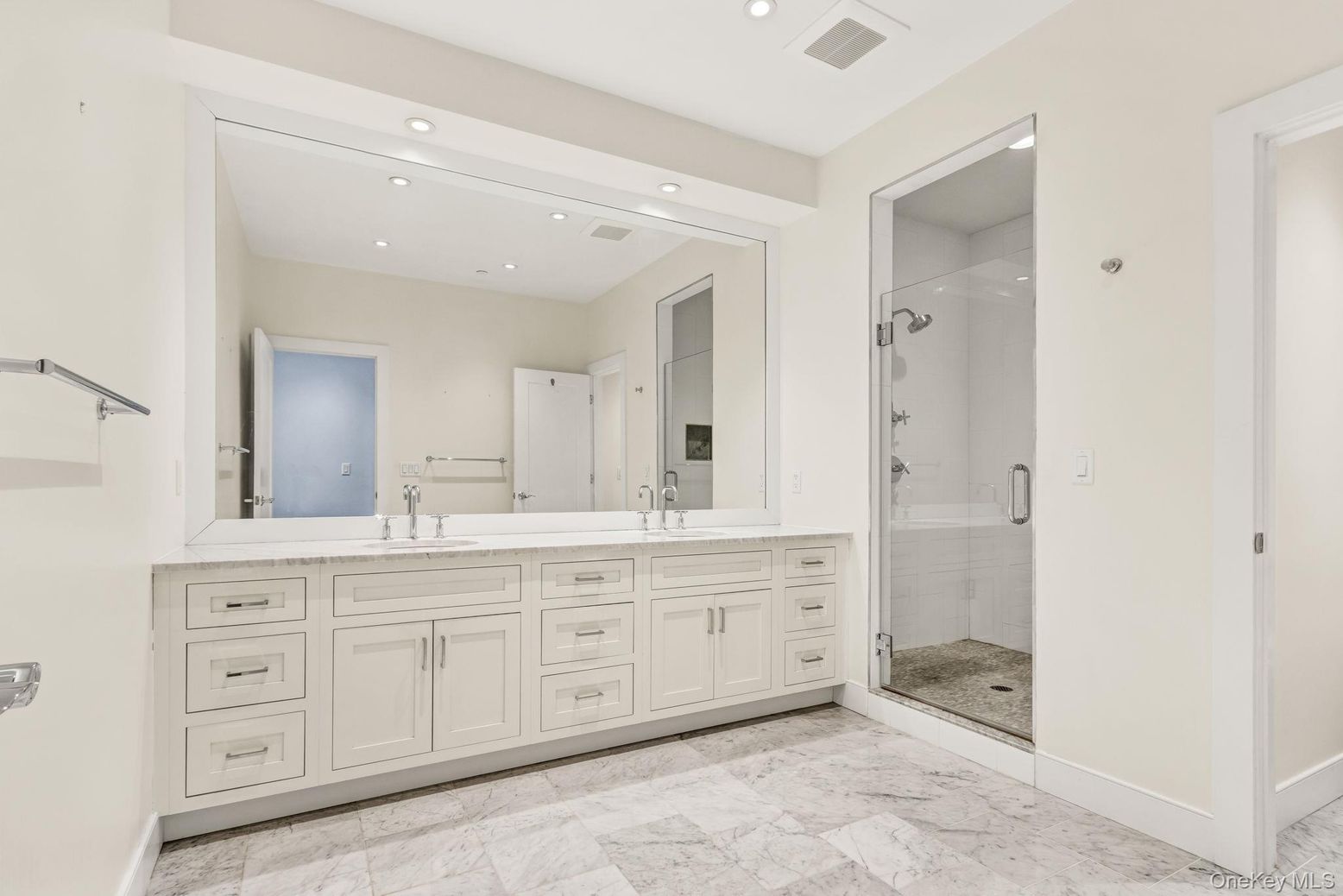 Bathroom, Dual Sink Vanities, Glass Shower, Interior, Marble, Recessed Lighting