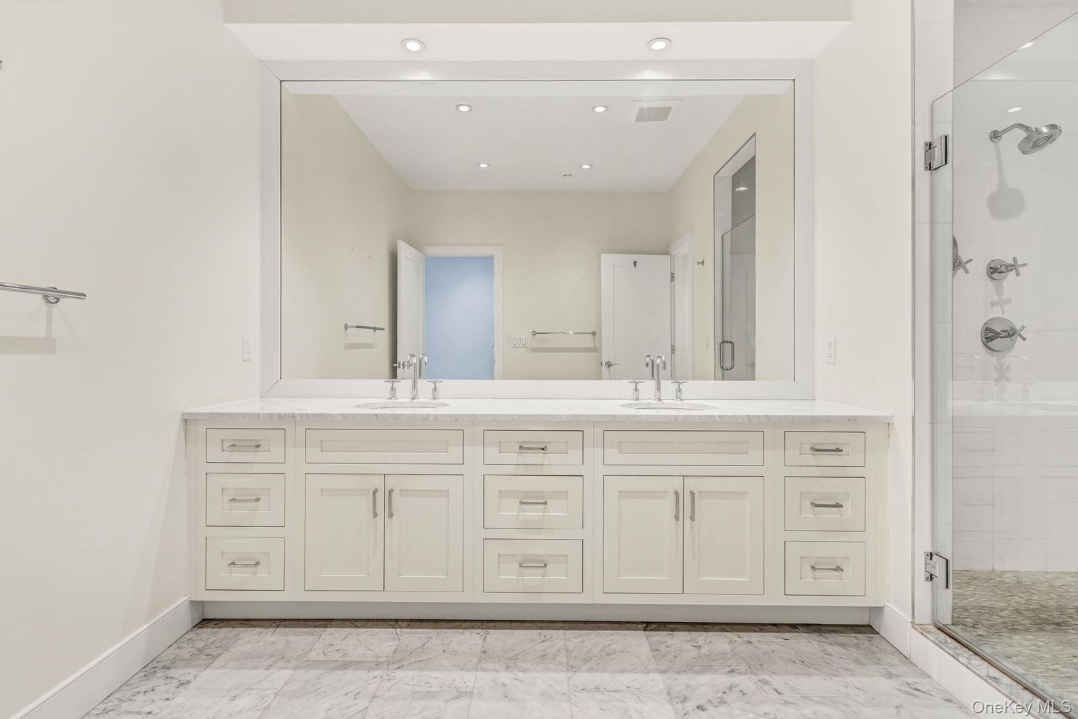 Bathroom, Dual Sink Vanities, Glass Shower, Interior, Marble, Recessed Lighting