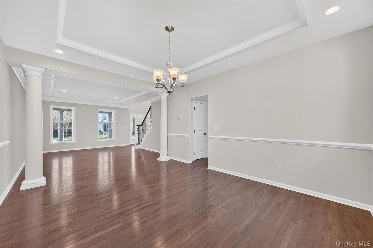 Chandelier, Empty room, Interior, Recessed Lighting, Wood Texture Flooring