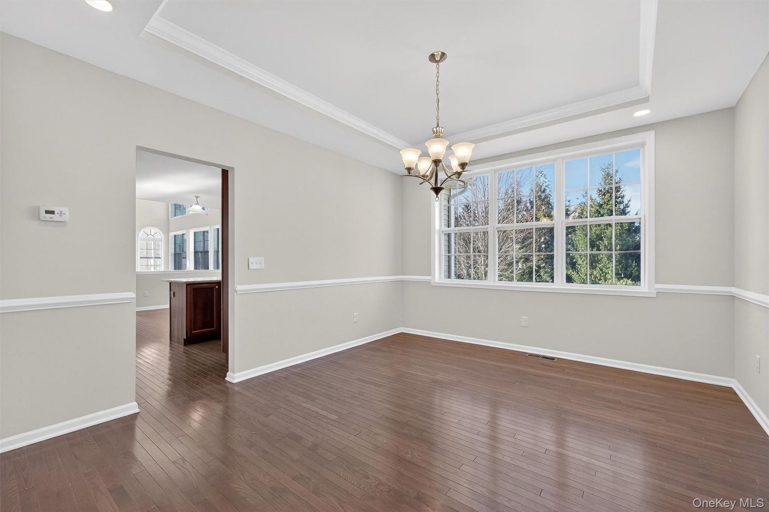 Chandelier, Empty room, Interior, Recessed Lighting, Wood Texture Flooring