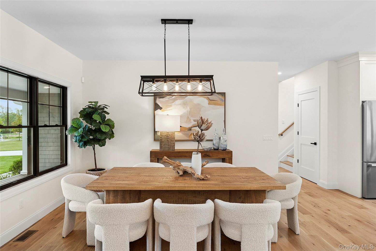 Dining room, Interior, Kitchen, Pendant Lights, Recessed Lighting, Wood Texture Flooring